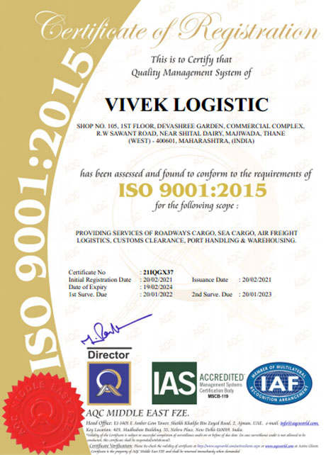Vivek Logistic - An ISO 9001:2015 Certified Logistic Company in Mumbai, India 
